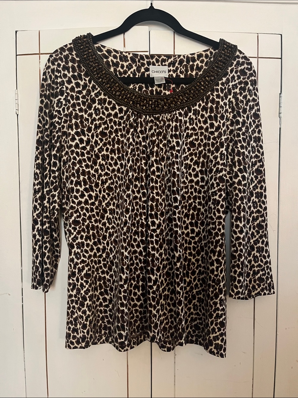 Chico's Leopard-Print Long Sleeve Top with Beaded Neckline — Brown & Cream